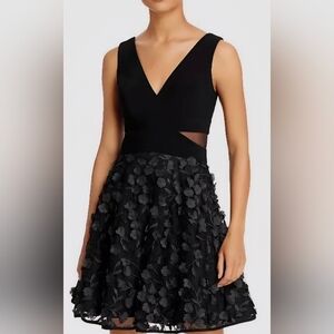 Xscape Black V-Neck Floral Appliqué Prom Dress